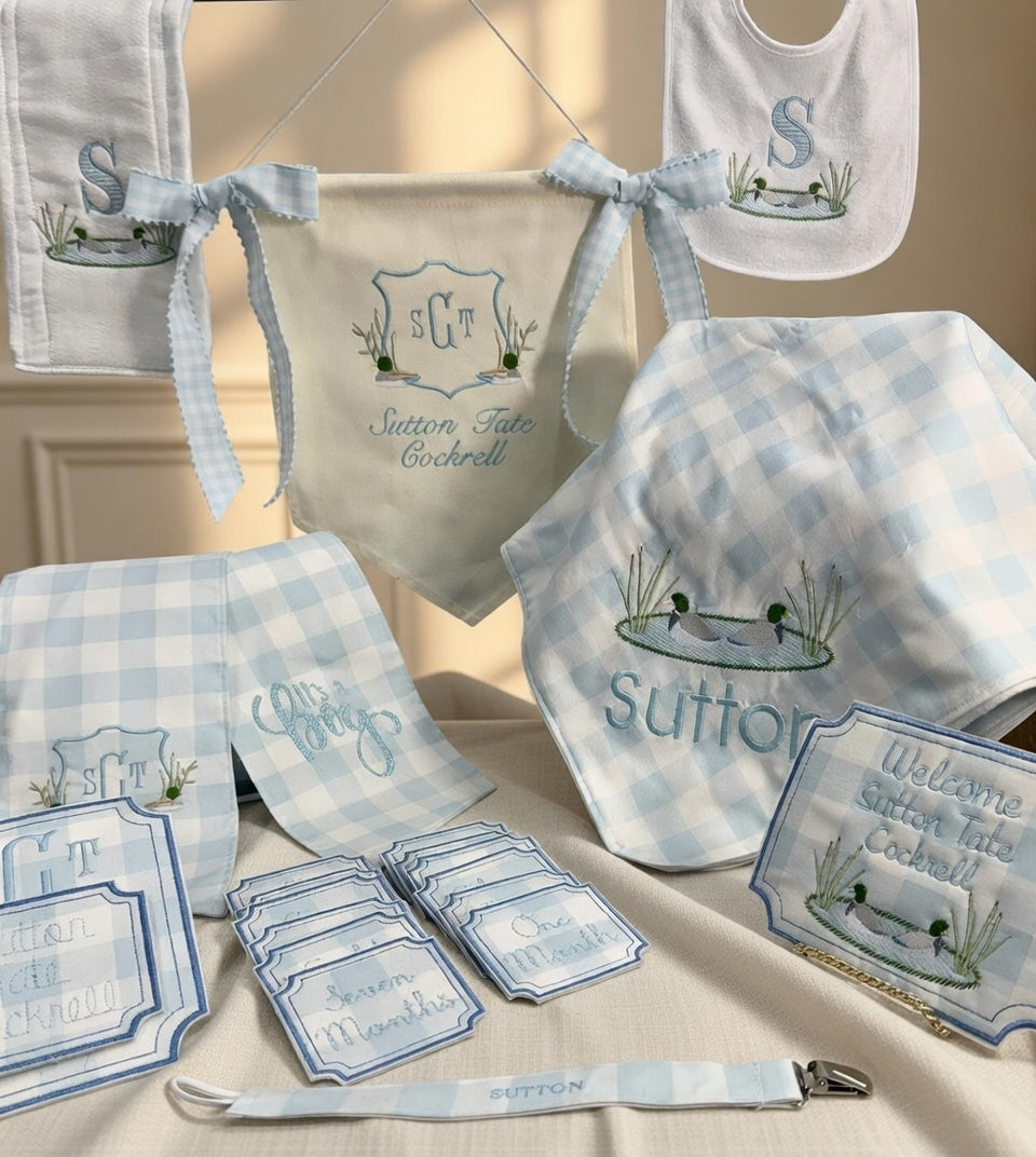 Personalized Duck Pond Baby Boy Gift Set – Embroidered Bibs, Burp Cloths, Milestone Cards & More