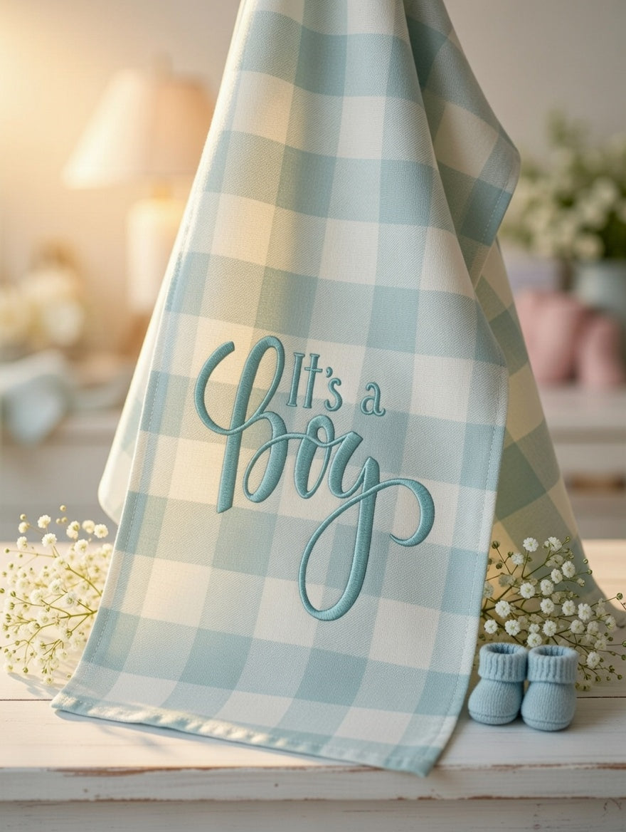 Personalized "It's a Boy" Wreath Sash – Embroidered Blue Gingham Announcement Ribbon