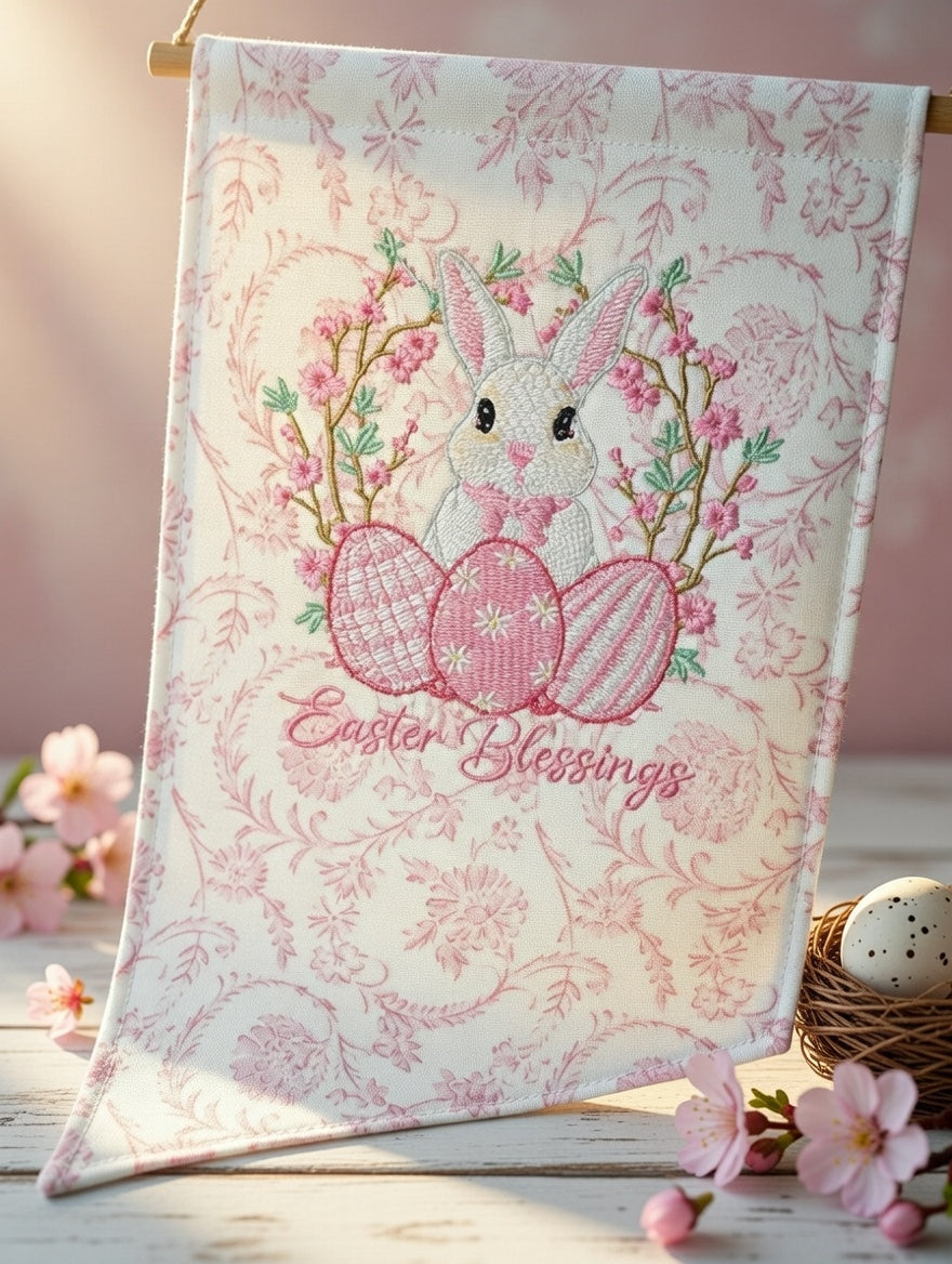 Personalized Easter Bunny Wreath Sash – Embroidered Pink Floral Ribbon with Initial & "Easter Blessings"