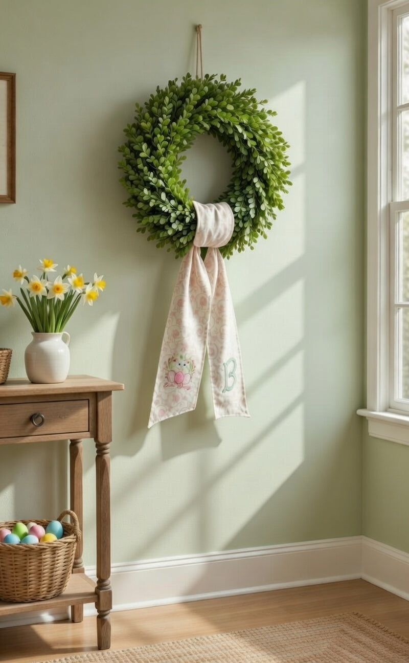 Personalized Easter Bunny Wreath Sash – Embroidered Pink Floral Ribbon with Initial & "Easter Blessings"