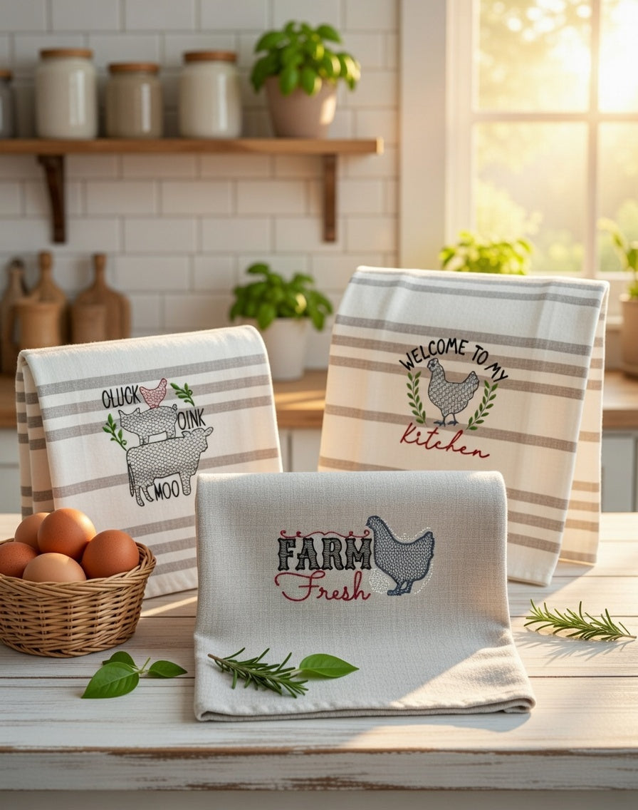 Farm Fresh Kitchen Towel Set – Embroidered Chicken, Pig & Cow Designs (Set of 3)