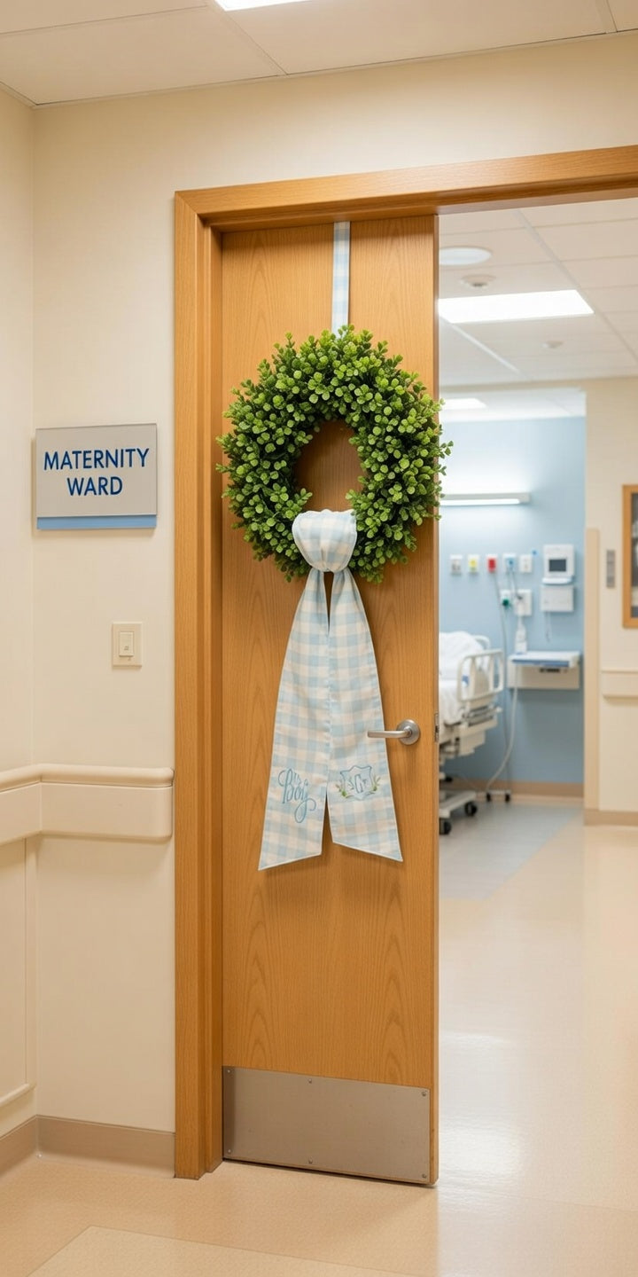 Personalized "It's a Boy" Wreath Sash – Embroidered Blue Gingham Announcement Ribbon