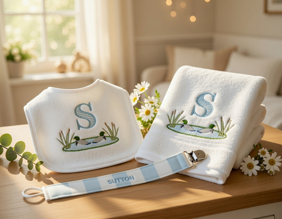 Personalized Duck Pond Baby Essentials Set – Bib, Burp Cloth & Pacifier Clip (Blue Gingham)