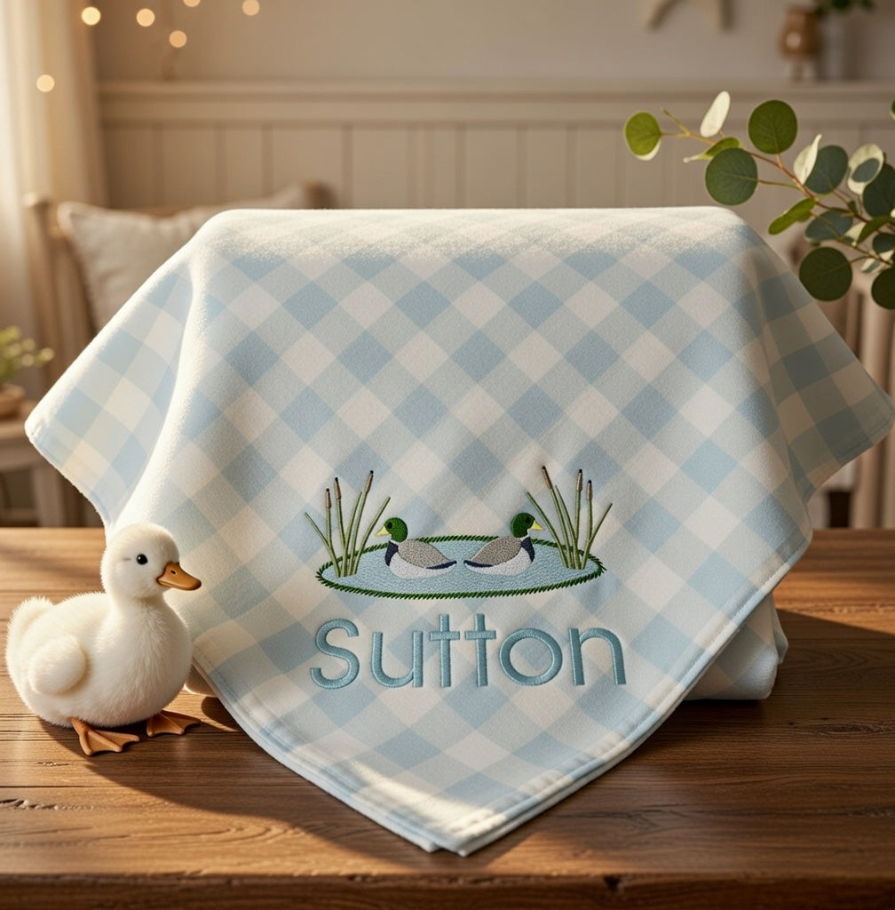ersonalized Duck Pond Baby Blanket – Embroidered Mallard Scene with Name (Blue Gingham)