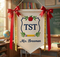 Personalized Teacher Pennant Banner – Embroidered School Crest with Name & Initials