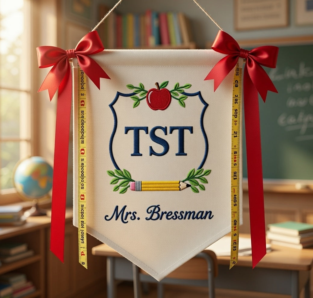Personalized Teacher Pennant Banner – Embroidered School Crest with Name & Initials