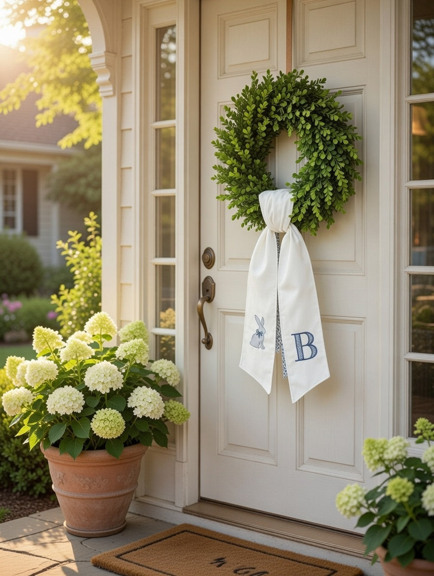 Personalized Bunny & Monogram Wreath Sash – Embroidered sash for Nursery or Front Door