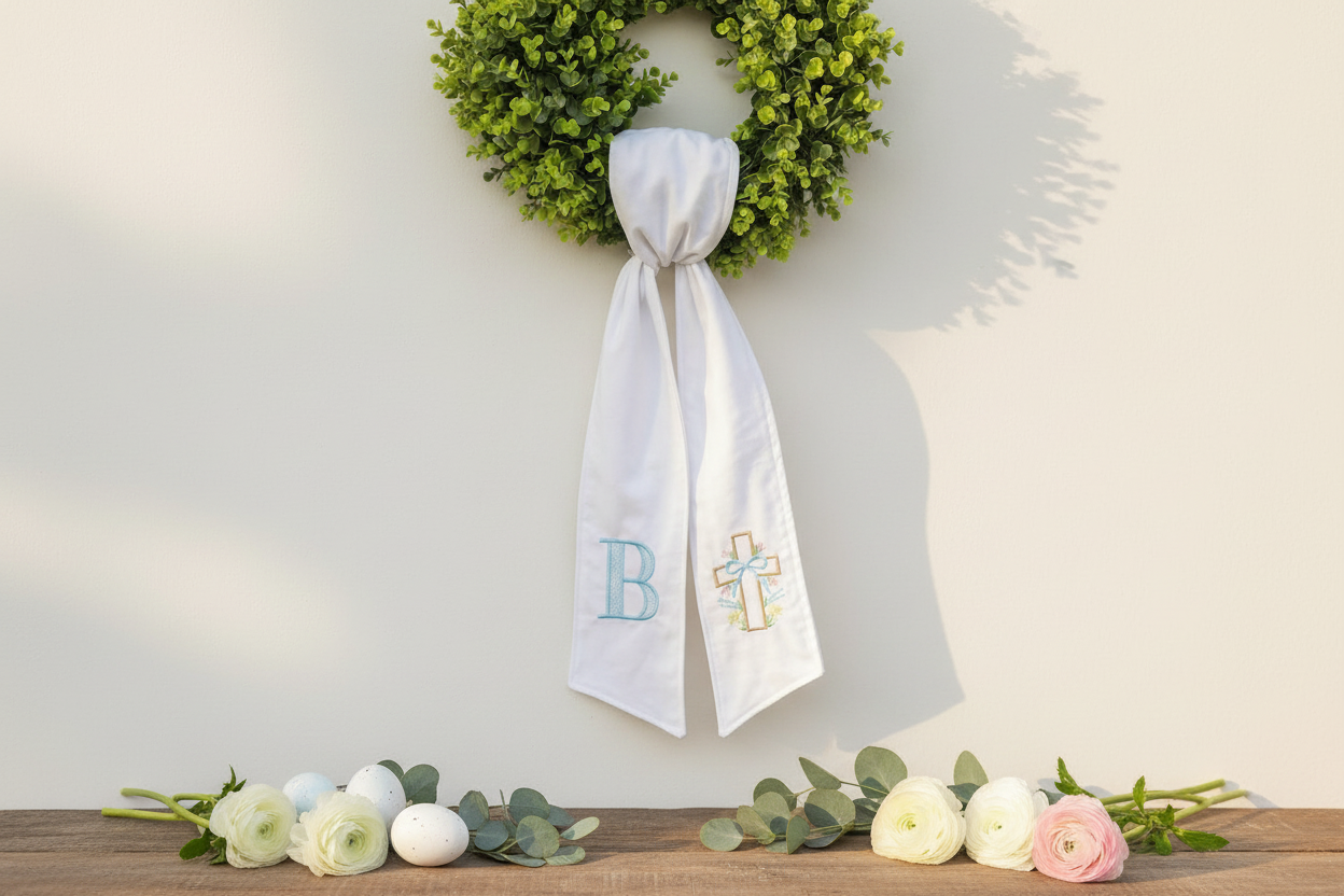 Hand-Embroidered Easter Wreath Sash in Spring Setting