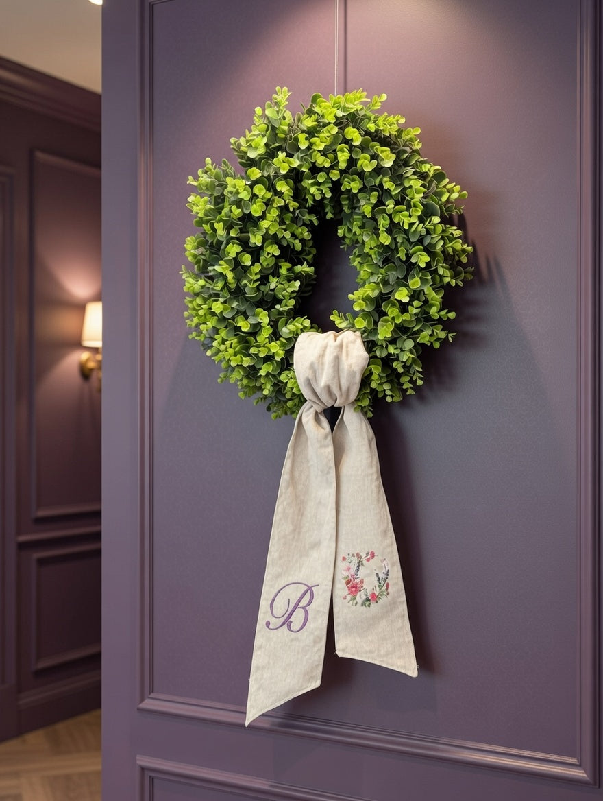 Personalized Floral Monogram Wreath Sash – Hand-Embroidered Linen Ribbon with Initial & Wildflower Crest