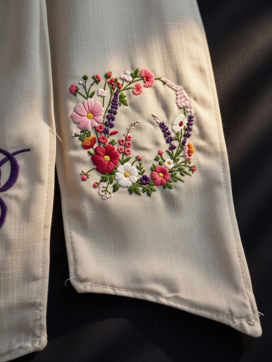 Personalized Floral Monogram Wreath Sash – Hand-Embroidered Linen Ribbon with Initial & Wildflower Crest