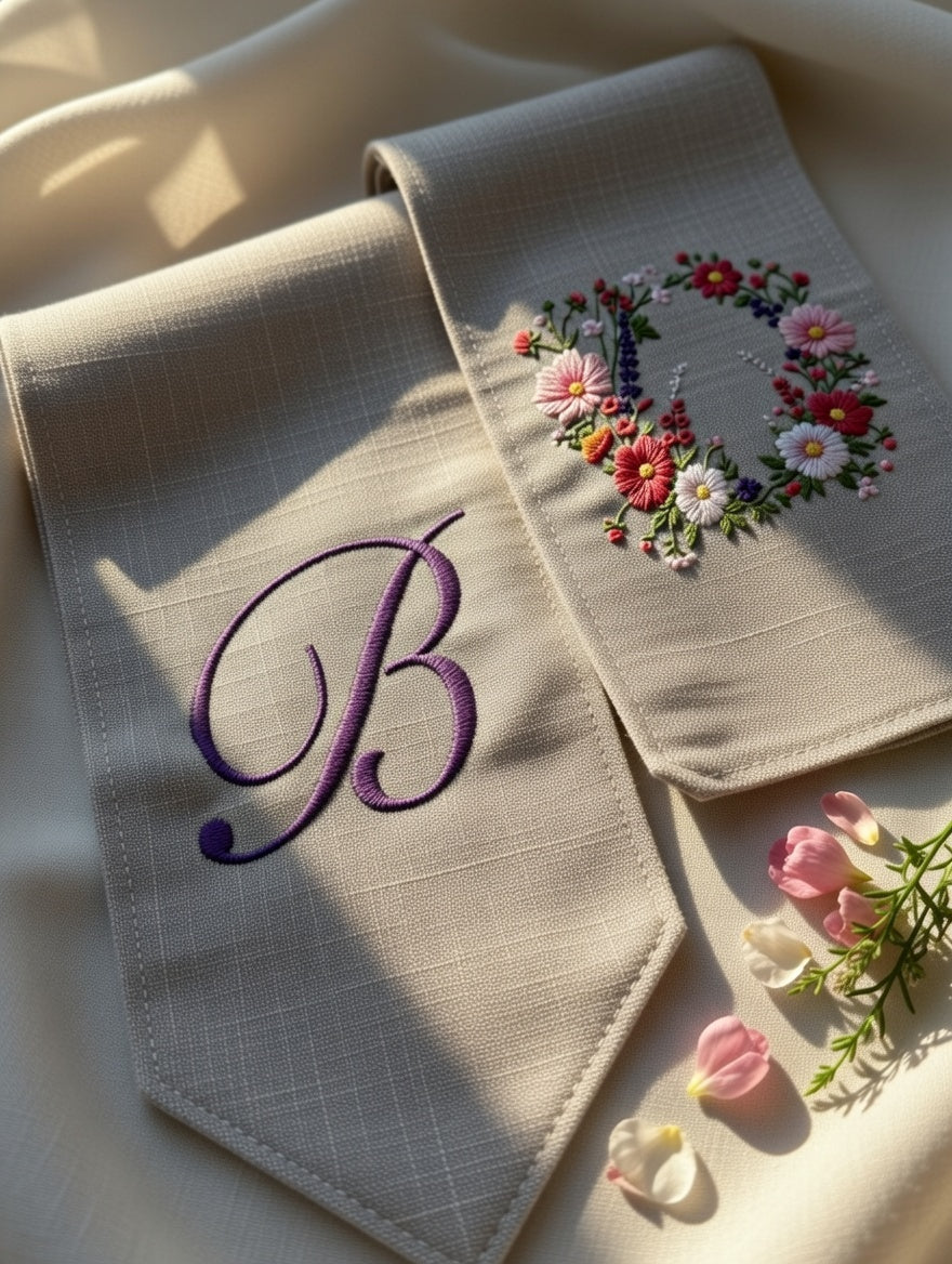 Personalized Floral Monogram Wreath Sash – Hand-Embroidered Linen Ribbon with Initial & Wildflower Crest